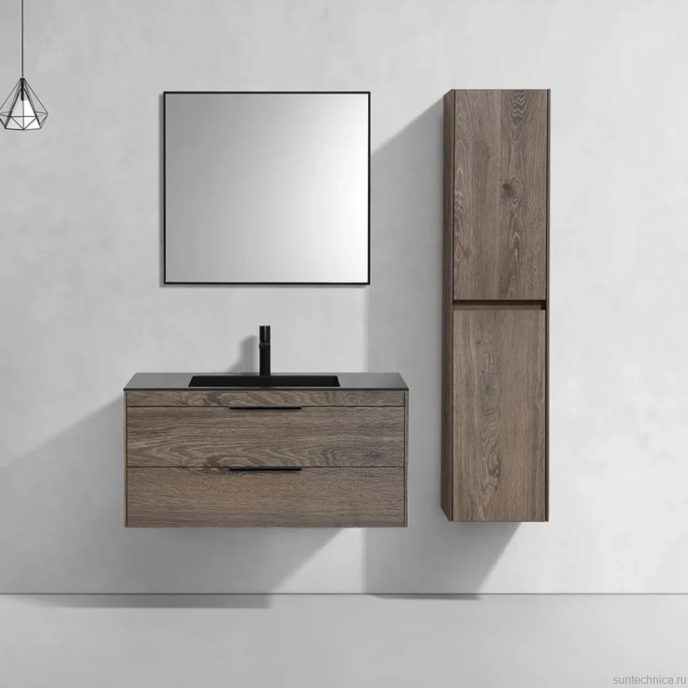 Тумба с раковиной Vincea Chiara 2D 100, 2 ящика, темный дуб, с черной раковиной