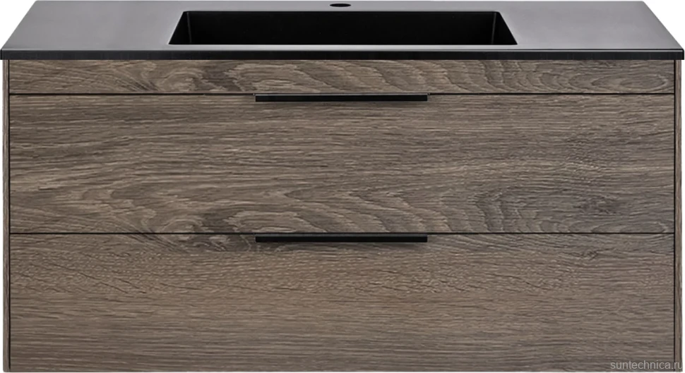 Тумба с раковиной Vincea Chiara 2D 100, 2 ящика, темный дуб, с черной раковиной