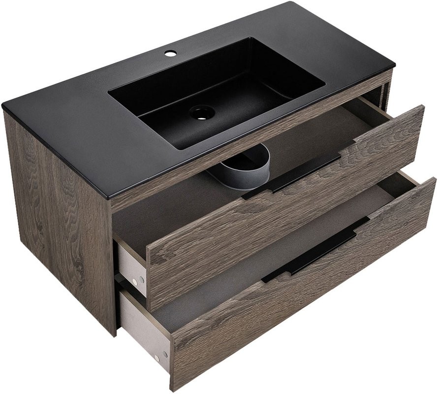 Тумба с раковиной Vincea Chiara 2D 100, 2 ящика, темный дуб, с черной раковиной