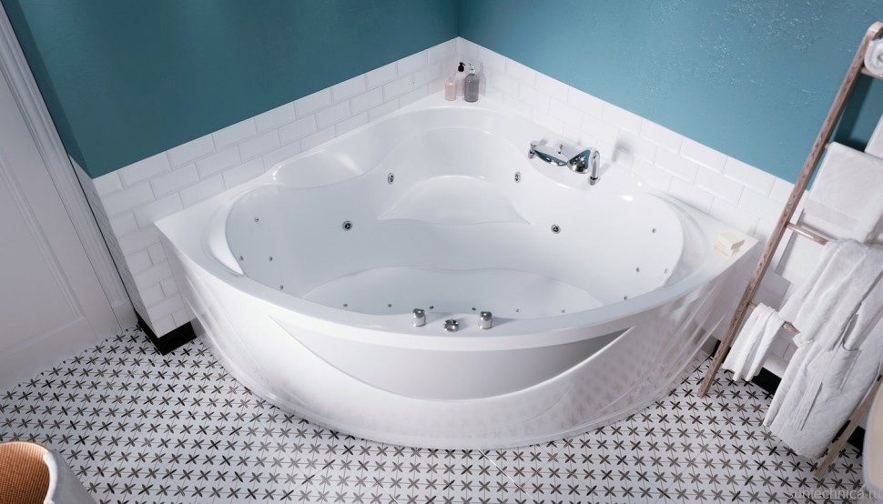 Акриловая ванна 1MarKa Luxe 155x155 см, угловая, пристенная, белая, четверть круга, с каркасом, с сиденьем