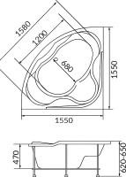 Акриловая ванна 1MarKa Luxe 155x155 см, угловая, пристенная, белая, четверть круга, с каркасом, с сиденьем