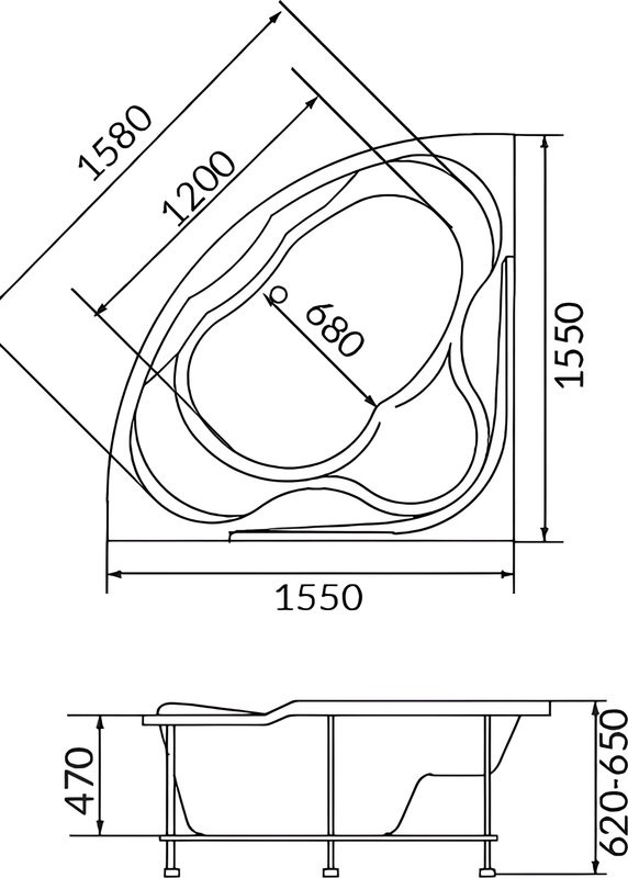 Акриловая ванна 1MarKa Luxe 155x155 см, угловая, пристенная, белая, четверть круга, с каркасом, с сиденьем