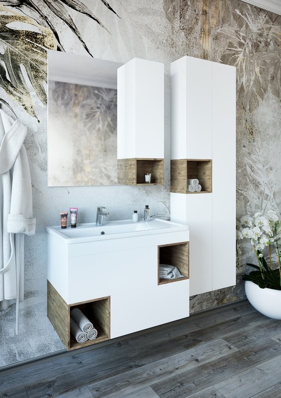 Шкаф пенал для ванной Sanflor Даллас белый матовый, дуб рустикальный