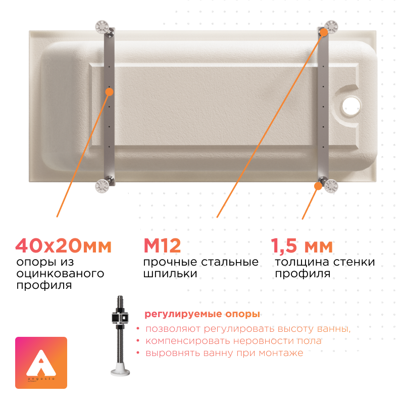 Акриловая ванна Radomir Дижон Ангосто 160x70 см, встраиваемая, белая, на ножках