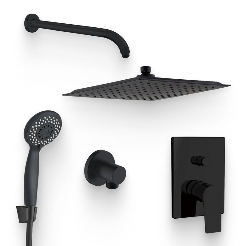 Душевой комплект Смеситель Aquanet Static AF330-51B С ВНУТРЕННЕЙ ЧАСТЬЮ, чёрный + Душевая лейка AF000-07B чёрная матовая + Подключение AF330-92B чёрное матовое + Душ AF330-84-S250B черный матовый + Кронштейн AF330-91B чёрный матовый