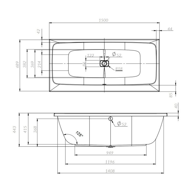 Акриловая ванна AM.PM Func 150x70 см, пристенная, белая, с каркасом