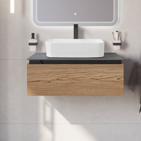 Тумба с раковиной Cezares Slider 80 подвесная, 1 ящик, дуб тангент, со столешницей marmo nero opaco