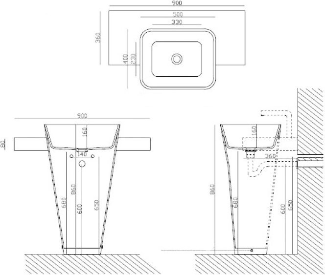 Раковина напольная Galassia Meg11 5405P Monolith 50x40 белая, прямоугольная, моноблок, фаянс