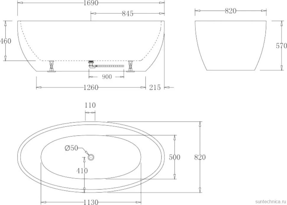 Акриловая ванна BelBagno BB69-1700-W0 170x80 см, отдельностоящая, белая, овальная, на ножках, с донным клапаном