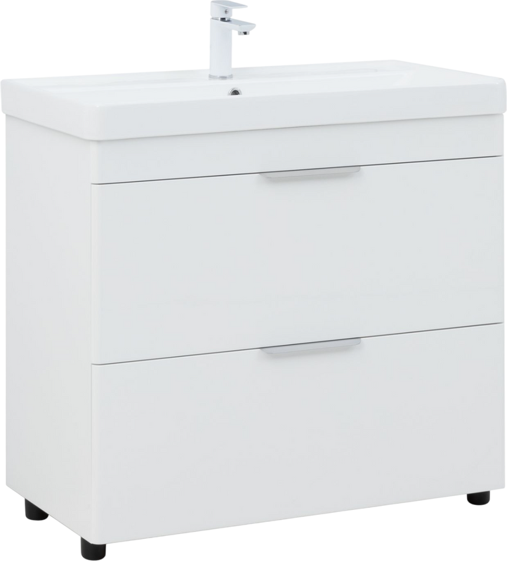 Тумба с раковиной Aquanet Ирис new 90 напольная, 2 ящика, белая глянцевая