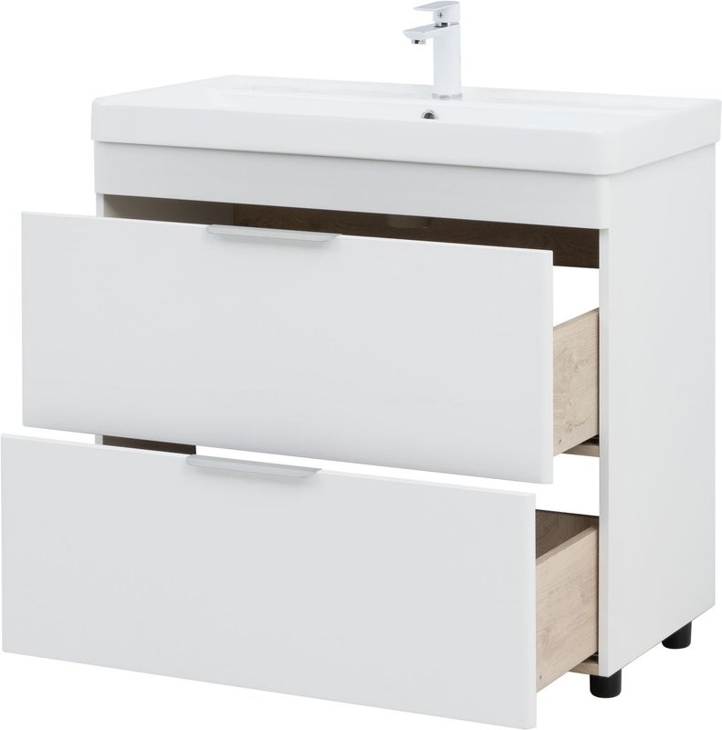 Тумба с раковиной Aquanet Ирис new 90 напольная, 2 ящика, белая глянцевая