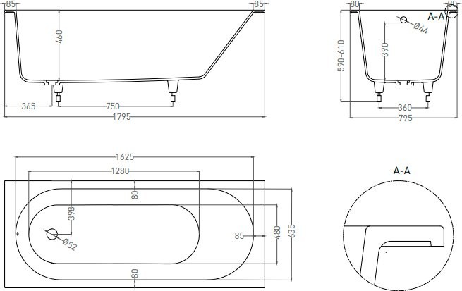 Ванна из искусственного камня Salini Ornella Kit S-Stone 180x80 см, встраиваемая, матовая белая, на ножках, со сливом-переливом, с донным клапаном