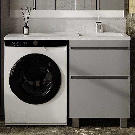 Тумба с раковиной Style Line Даллас Леон 120 R Люкс Plus напольная, серая, для стиральной машины, 2 ящика