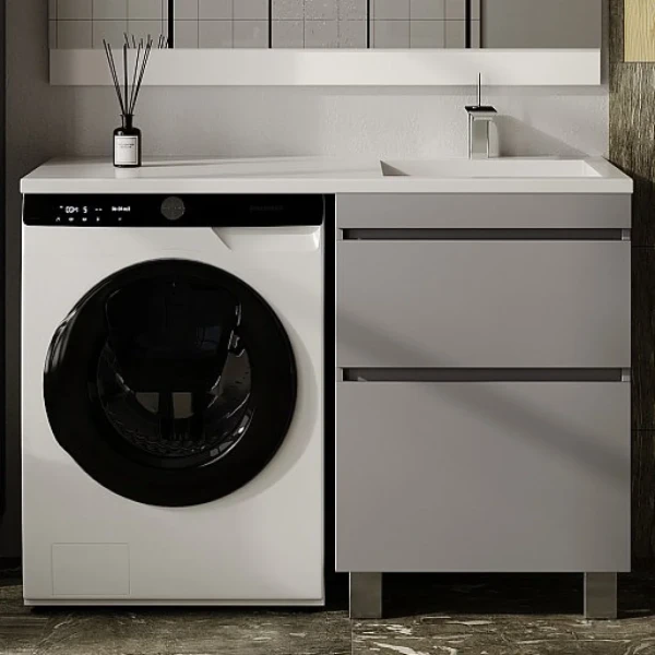 Тумба с раковиной Style Line Даллас Леон 120 R Люкс Plus напольная, серая, для стиральной машины, 2 ящика