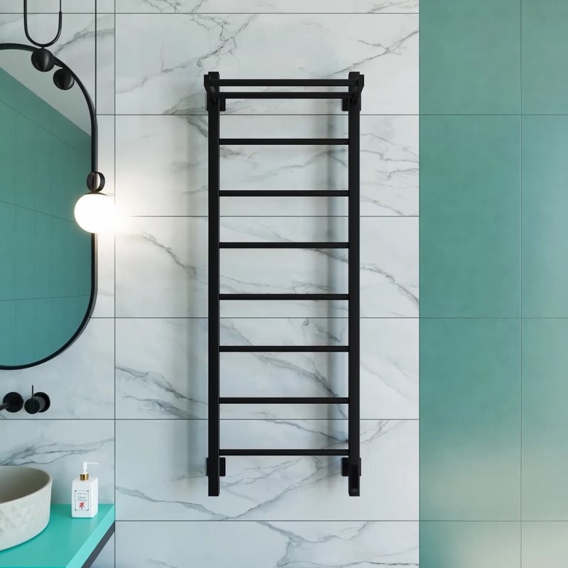 Полотенцесушитель электрический Grota App 430х1200 RAL9005 EL 120x45 см, подключение справа, слева, скрытое подключение справа, матовый черный, лесенка, из стали, с полкой