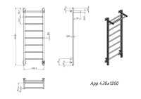 Полотенцесушитель электрический Grota App 430х1200 RAL9005 EL 120x45 см, подключение справа, слева, скрытое подключение справа, матовый черный, лесенка, из стали, с полкой