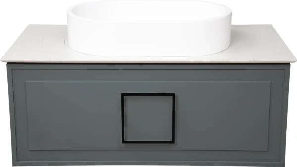 Тумба с раковиной La Fenice Cubo 90 подвесная, grigio, ручка черная, столешница белый мрамор, раковина белая матовая
