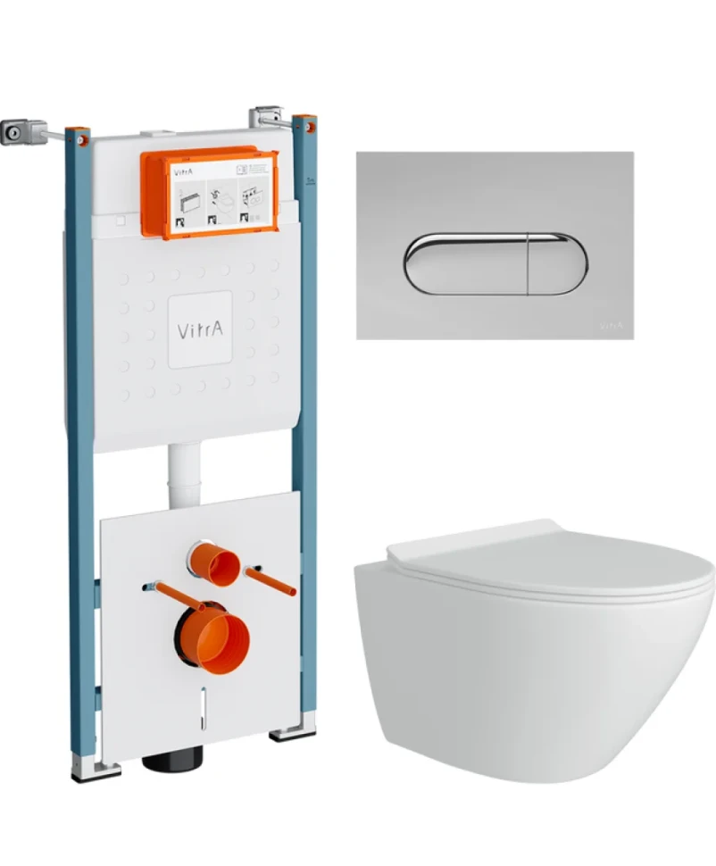 Комплект Унитаз подвесной Teymi Lina Pro T40106 с микрофлитом, безободковый, белый + Инсталляция VitrA V-Fix Core 732-5800-01PV + Кнопка Root Round 740-2280 хром