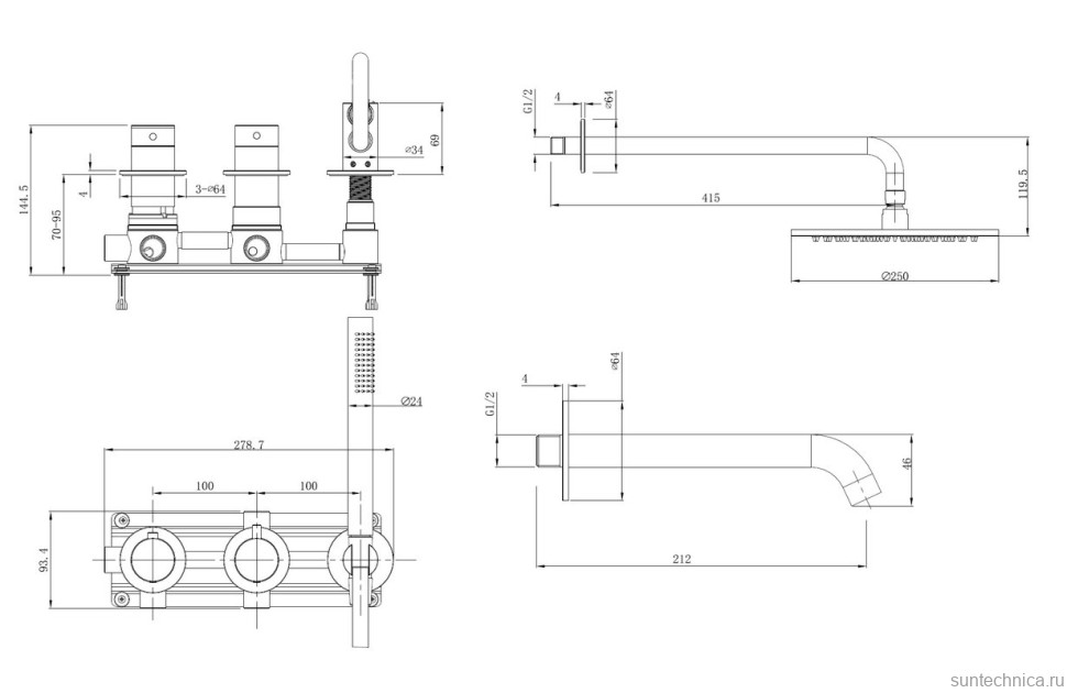 Душевой комплект Abber Wasser Kreis 316 AF8150BG С ВНУТРЕННЕЙ ЧАСТЬЮ, брашированное золото