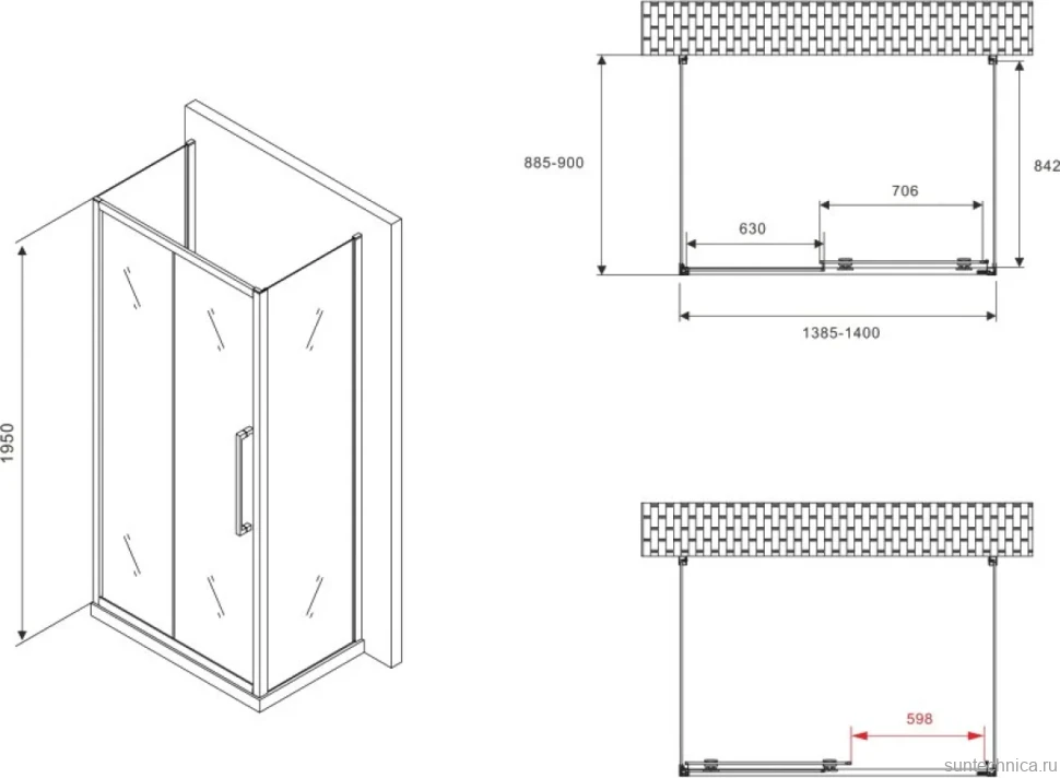 Душевой уголок Abber Schwarzer Diamant AG30140BH-S90B-S90B 140х90, профиль черный, стекло прозрачное