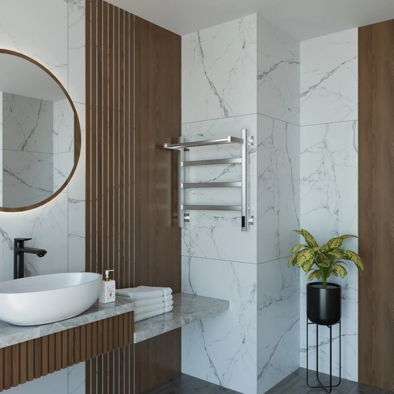 Полотенцесушитель электрический Grota Lore 530х600 NM EL 60x55 см, подключение справа, слева, скрытое подключение справа, матовый хром, лесенка, с полкой