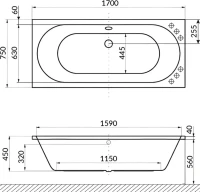 Акриловая ванна Excellent Oceana Smart 170x75 см, встраиваемая, с гидромассажем, белая, с каркасом, со сливом-переливом, фурнитура золото