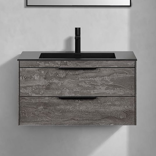 Тумба с раковиной Vincea Chiara 2D 80, 2 ящика, камень, с черной раковиной