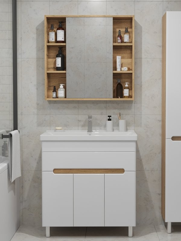 Мебель для ванной комнаты SanStar Модена 80 напольная, глянцевая белая, дуб вотан, раковина Fest 80