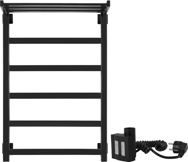 Полотенцесушитель электрический Secado Корсико 1 СП , 85x55 см, подключение справа, матовый черный, лесенка, с полкой
