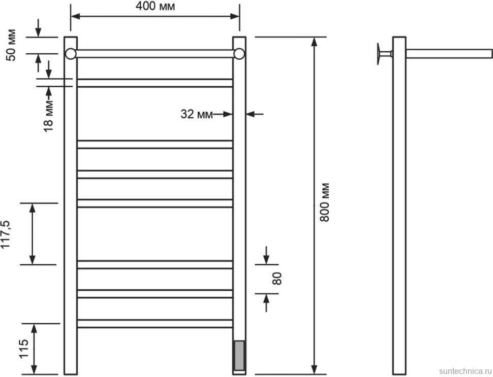 Полотенцесушитель электрический Comfysan Noumi EC-8 80x45 см, подключение справа, слева, матовый черный, лесенка, из стали, с полкой