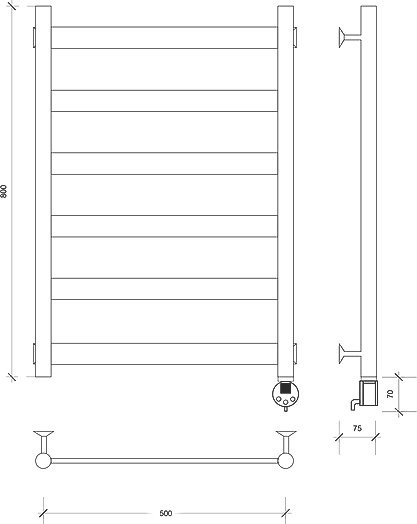 Полотенцесушитель электрический Secado Комано 2 85x55 см, подключение справа, матовый черный, лесенка