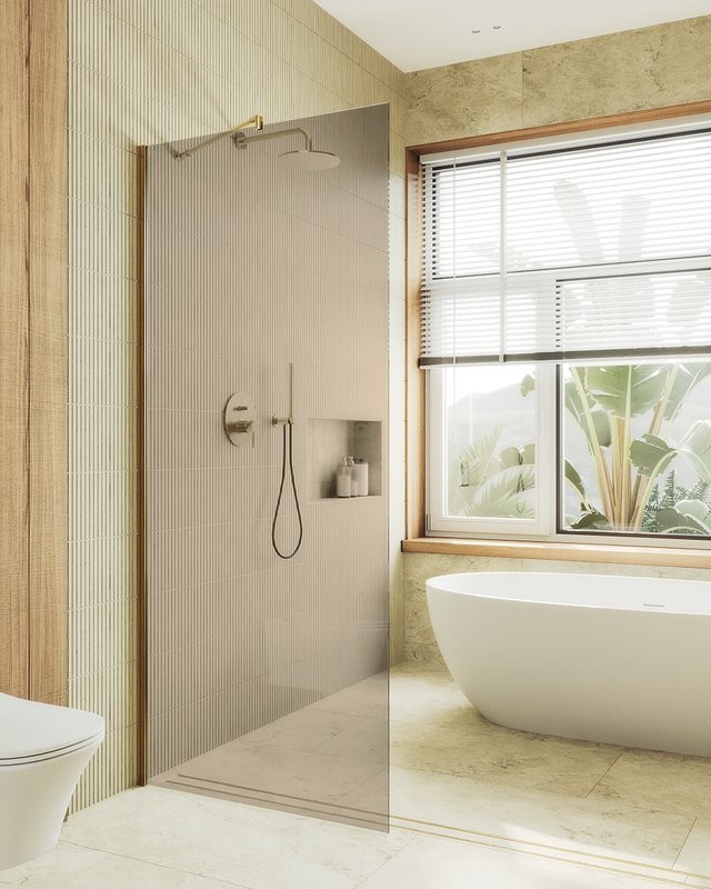 Душевая перегородка Maybahglass MGD-1353-3ш 99 см, профиль золото, стекло бронза