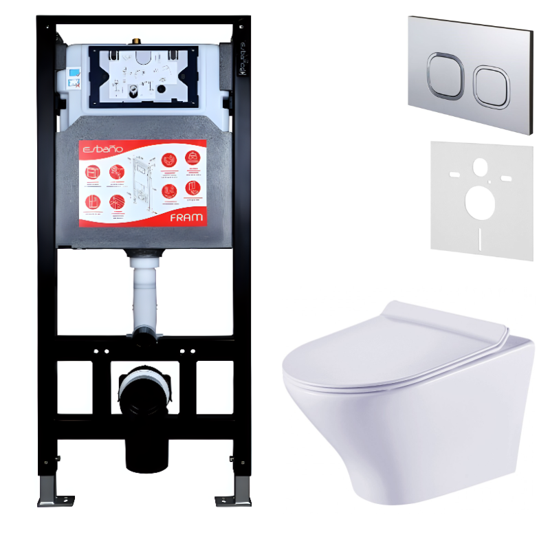 Комплект Унитаз подвесной Esbano Aster ESUPASTEW белый глянец + Инсталляция Fram + Кнопка ESINLPS10MC