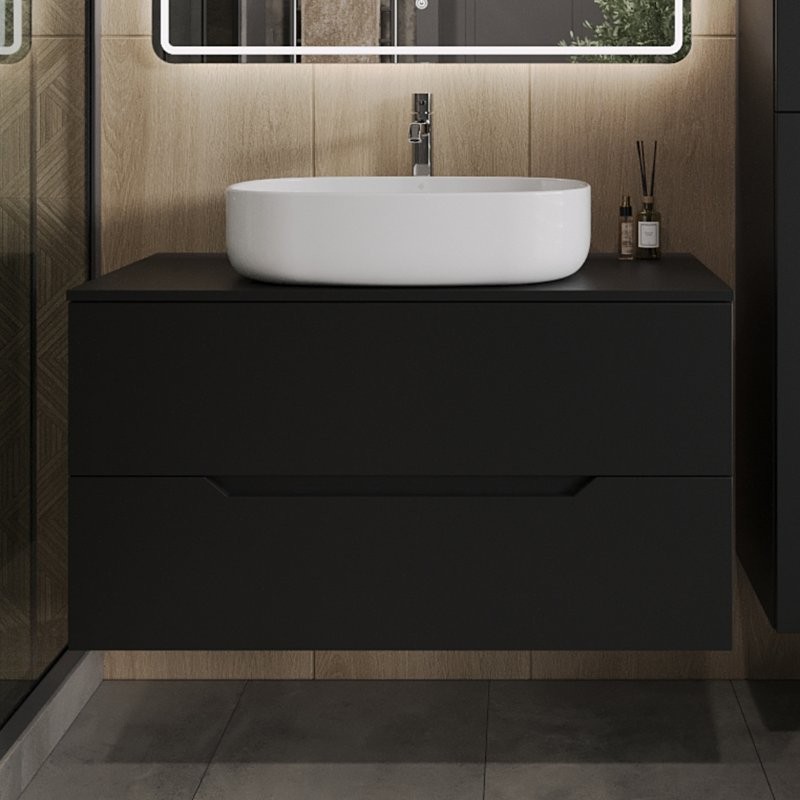 Тумба с раковиной Orange Line 100 подвесная, 2 ящика, матовая черная с раковиной B08-600W