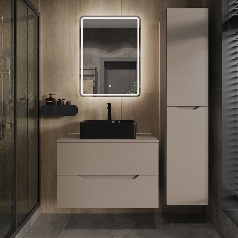 Тумба под раковину со столешницей Orange Line 80 подвесная, 2 ящика, матовый латте