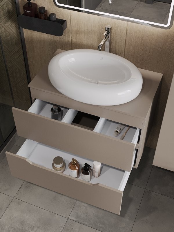 Тумба под раковину со столешницей Orange Line 80 подвесная, 2 ящика, матовый латте