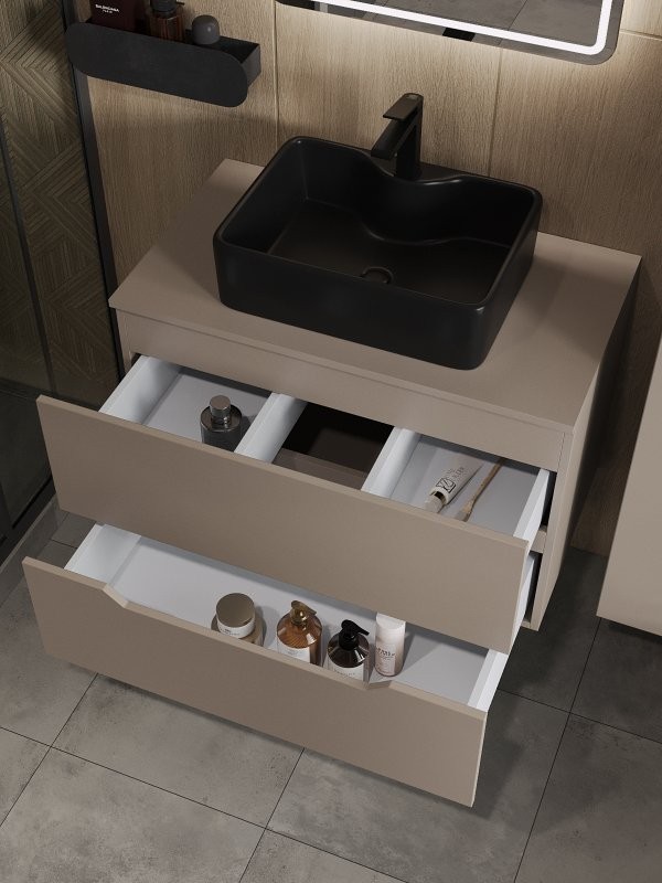 Тумба под раковину со столешницей Orange Line 80 подвесная, 2 ящика, матовый латте