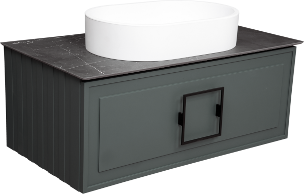 Тумба с раковиной La Fenice Cubo 90 подвесная, grigio, ручка черная, столешница черный мрамор, раковина белая матовая