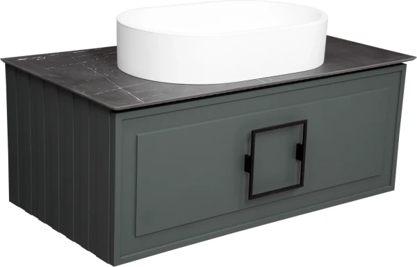 Тумба с раковиной La Fenice Cubo 90 подвесная, grigio, ручка черная, столешница черный мрамор, раковина белая матовая