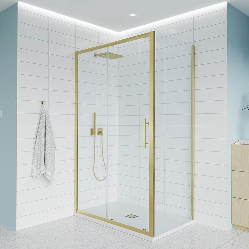 Душевой уголок Veconi Evo 100SP G 150х110 см, профиль брашированное золото, стекло прозрачное