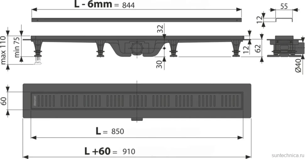 Душевой трап (лоток) AlcaPlast APZ10Black APZ10BLACK-850M с решеткой и опорами
