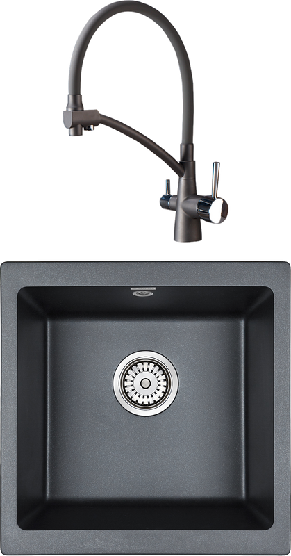 Комплект Мойка Paulmark Brilon PM104546-BLM черный металлик + Смеситель Potato P4077 P4077-19 графитно-черный