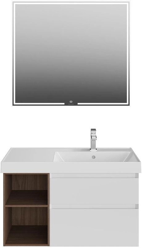 Мебель для ванной комнаты KERAMA MARAZZI Cubo 90, правая подвесная, белая матовая, структурированный орех