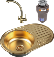 Комплект Мойка Zorg Inox PVD SZR-7750 bronze + Смеситель Steel Hummer SH 699 BRONZE бронза + Измельчитель Bort Titan 5000 Control