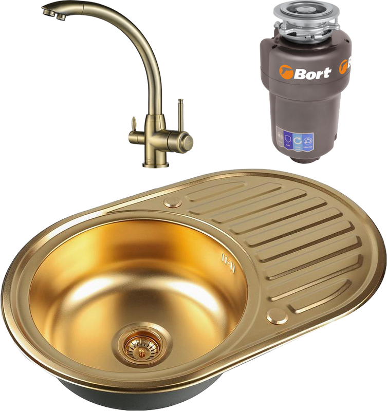 Комплект Мойка Zorg Inox PVD SZR-7750 bronze + Смеситель Steel Hummer SH 699 BRONZE бронза + Измельчитель Bort Titan 5000 Control