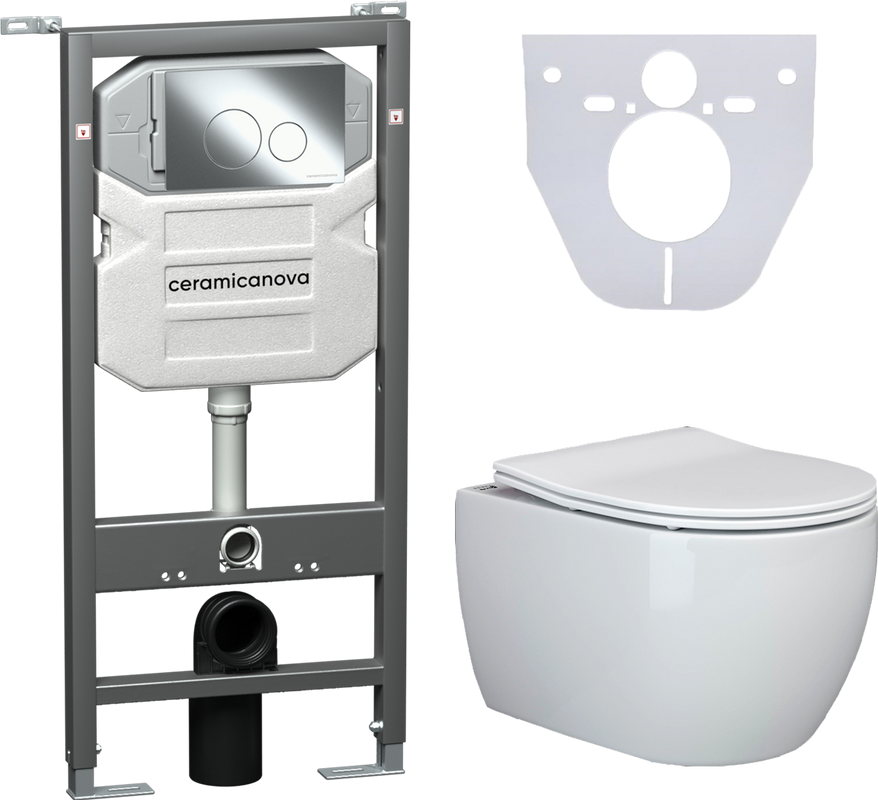 Комплект Унитаз подвесной Ceramicanova Play CN3001 безободковый, с микролифтом + Инсталляция Envision CN1001CH + Кнопка Round, хром