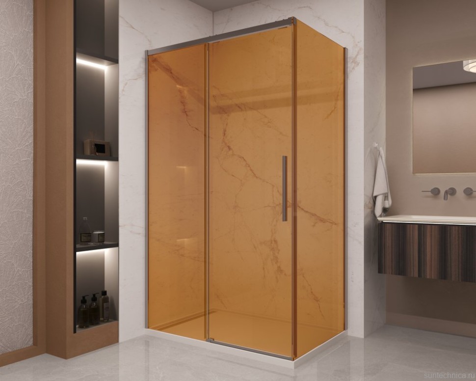 Душевой уголок Vincea Stella VSR-1ST9012GSGM 120x90 см, профиль вороненая сталь, стекло янтарь