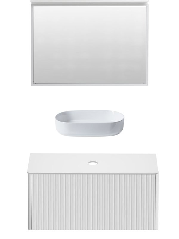 Мебель для ванной комнаты Allen Brau Gravity 100 1 ящик, с фрезеровкой, матовый белый, столешница белая, раковина Fantasy Oval 55, белая