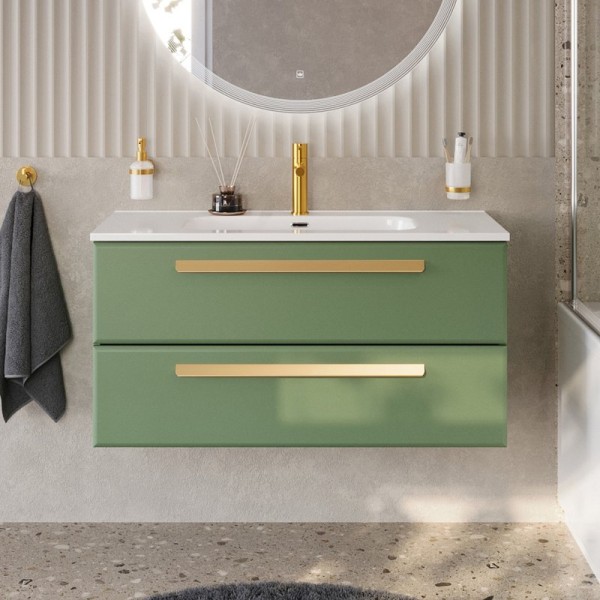 Тумба с раковиной Cezares Eco Cer-N 100 фисташковый софт, раковина Duet 100, ручки сатиновое золото
