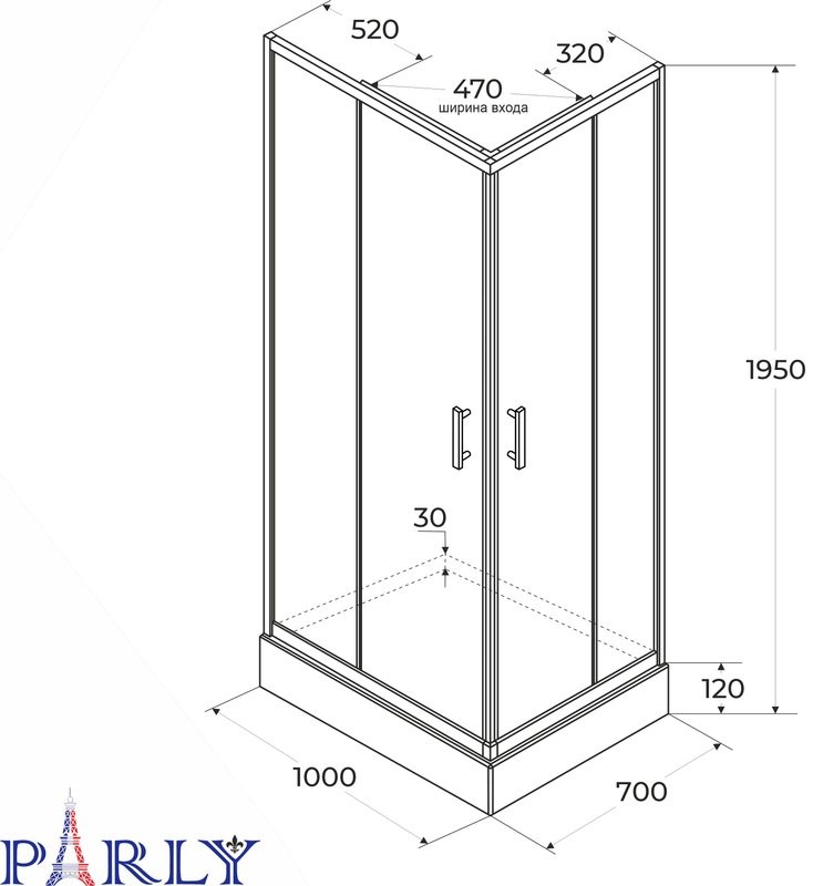 Душевой уголок Parly QZ71B N 100х70 см, с поддоном, профиль матовый черный, стекло прозрачное